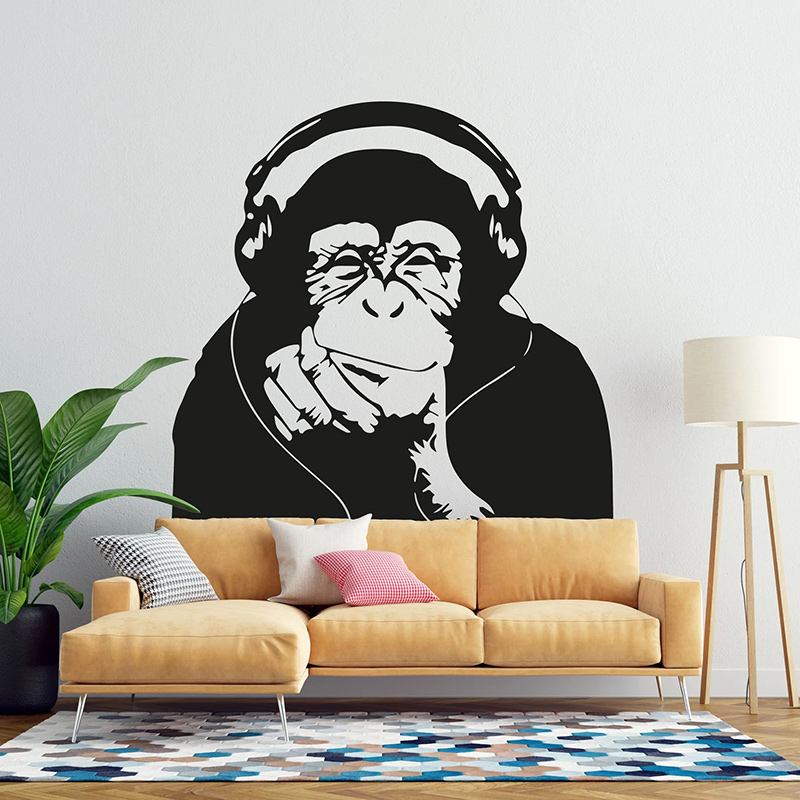 Home Cinema Room - Banksy คิดลิงไวนิล Wall Decal หูฟังเพลงคิด Gorilla