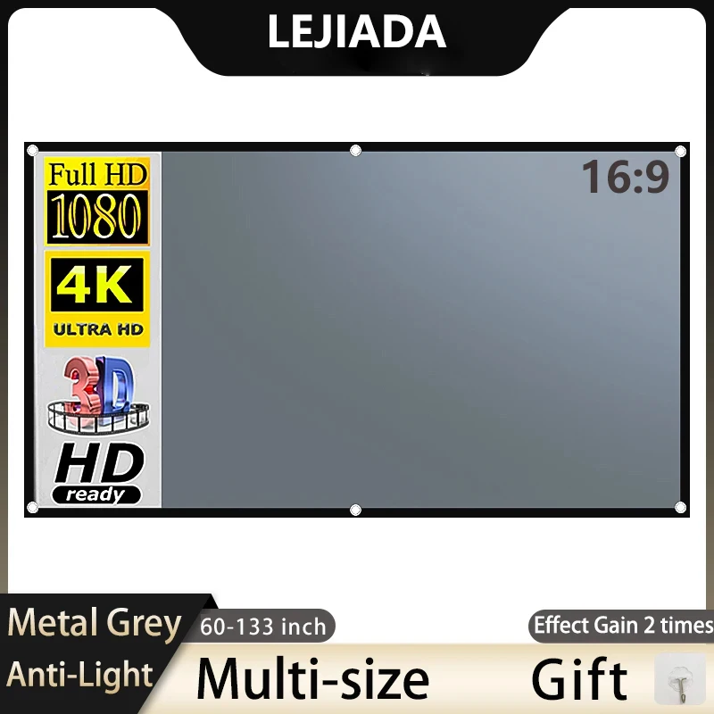 Home Cinema Blanc - LEJIADA โปรเจคเตอร์หน้าจอ 60-133 นิ้วโลหะสีเทา Anti-Light 16:9