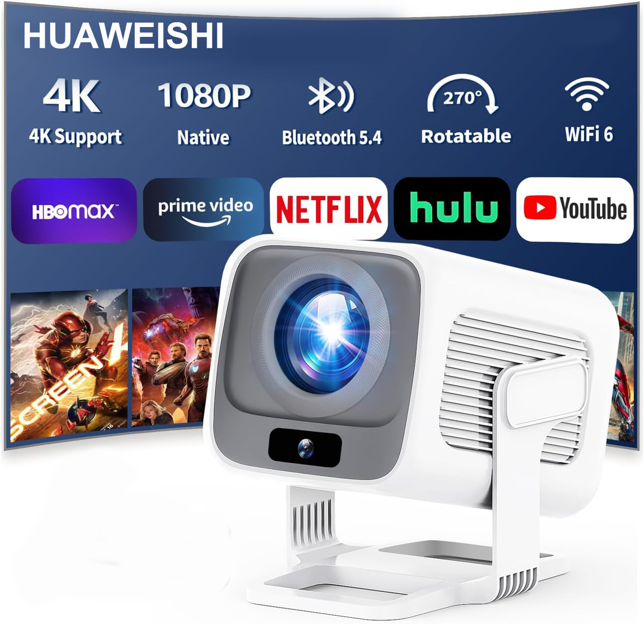 Home Cinema Focal - โปรเจคเตอร์ HUAWEISHI 4K ระบบแอนดรอยด์ พกพาได้ รองรับความละเอียด