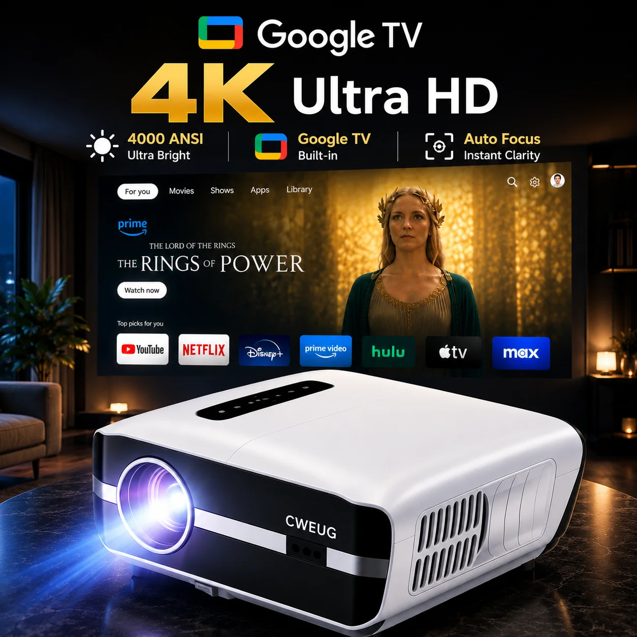 Home Cinema Focal - โปรเจคเตอร์ NewA9S 4k โฟกัสอัตโนมัติ โปรเจคเตอร์สำหรับใช้งานกลางวัน รองรับ