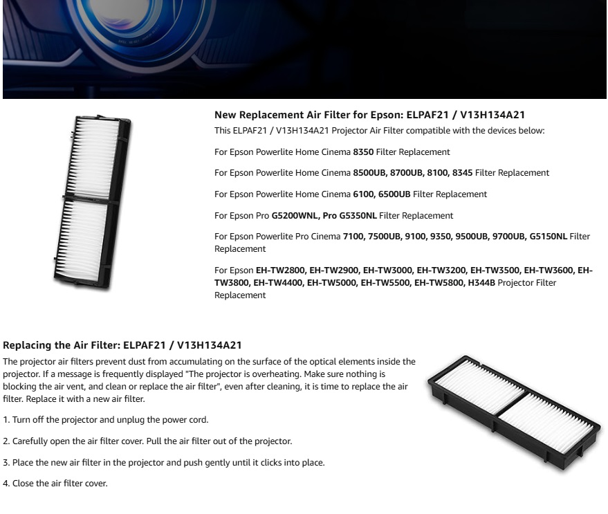 เปลี่ยน ELPAF21 กรองอากาศสำหรั - Home Cinema Epson บทวิจารณ์และราคา